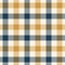 Gingham pattern in blue and gold. Pixel vichy check plaid background for dress, shirt, skirt, trousers, tablecloth.