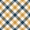 Gingham plaid pattern in blue and gold. Pixel vichy diagonal check plaid graphic for shirt, dress, skirt, tablecloth.