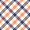 Gingham textile pattern in blue, orange, yellow, white. Seamless multicolored diagonal pixel check plaid for dress, skirt, shirt.