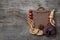 Ginseng, lingzhi mushroom, goji berry, red jujube and tea on  an old wooden background.top view,flat lay