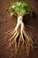 Ginseng root with roots on potting soil