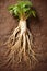 Ginseng root with roots on potting soil