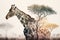 Giraffe and the African savannah double exposure. Generative AI