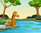 Giraffe cartoon enjoying nature by the river