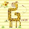 Giraffe cartoon shaped letter G with bird and dragonfly on striped background