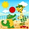 giraffe crocodile playing in beach volleyball
