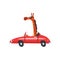 Giraffe Driving Red Car, Funny Adorable Animal Character Using Vehicle Vector Illustration