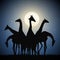 Giraffe family. Funny animal herd silhouette. Full moon in night sky