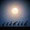 Giraffe family in savannah. Animal silhouette. Full moon in night sky