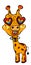 Giraffe with glasses in shape of heart and in pants with suspenders. Funny giraffe. Valentine`s Day. The sweet feeling of love.