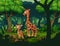 A giraffe with her cub in a tropical forest