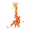 Giraffe holding a red pencil in its paws and drawing. Back to school illustration concept, animal pupils, vector isolated cartoon