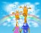 Giraffe illustration. sky heart, rainbow and clouds