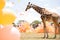 giraffe in a joyful celebration, surrounded by vibrant balloons and a colorful background