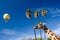 Giraffe, palm grove and yellow balloon in safari park