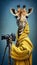 A giraffe photographer, dressed in yellow clothes