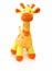 Giraffe plushie doll isolated on white background with shadow reflection. Giraffe plush stuffed puppet on white backdrop.