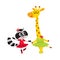 Giraffe and raccoon, puppy and kitten characters dancing ballet together