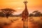 Giraffe in the savannah at sunset, Kenya, Africa, Amazing giraffe walking across the African savannah, AI Generated