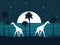 Giraffe on the shore at night with a full moon. Palm trees on the beach. Night starry sky. Vector