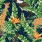 Giraffe stork seamless tropical pattern dark blue background