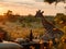 Giraffe at sunset with elegant picnic setup. Generative AI. .Generative AI