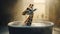 Giraffe taking a bath in a bathtub with foam, concept of Animal hygiene and Domestication of wild animals. Generative ai