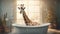 Giraffe taking a bath in a bathtub with foam, concept of Animal hygiene and Domestication of wild animals. Generative ai