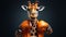 Giraffe in tracksuit and in boxing gloves on dark background. Anthropomorphic animals. Banner.