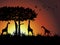 Giraffe ,tree and bird silhouetted against a dram