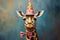 Giraffe wearing a birthday hat on gray background