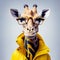 A giraffe wearing glasses and a yellow coat