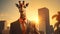 A giraffe wearing a suit and tie with city in the background, AI
