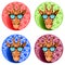Giraffes heads with sunglasses on color background.