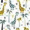 Giraffes and palm trees, seamless pattern