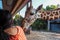 Giraffes put heads in car and waiting food from tourist