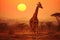 Giraffes roaming african savannah at sunset, bathed in mesmerizing golden glow, under majestic african sky