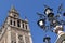 Giralda bell tower and antique lamppost in Seville