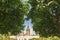 Giralda bell tower through orange tree courtyard in Sevillal, Spain