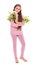 Girl 10-11 years old in a pink suit holding white lilac in her hands. Isolation on a white.