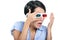 Girl in 3D glasses watches film through hands