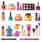 Girl accessories, beauty and makeup flat vector icons. Cosmetics and perfume pictograms