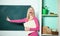 Girl adorable student stand classroom chalkboard background copy space. School education. Formal education. Creativity