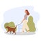 A girl alone walking dog outdoor in green park. Banner for dog walker company. Pet sitting. Labrador retriever outside