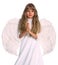 Girl in angel costume with book.