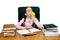 Girl with an apple being at a writing table