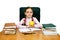 Girl with an apple being at a writing table