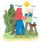 The girl artist draws a picture with a brush on the easel. Illustration in flat style.