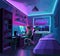 Girl asian girl gamer or streamer with a headset sits in front of a computer in a cozy room