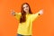 Girl asking come here to give cheer-up hug. Cute and touched tender redhead woman in yellow sweater, extend arms,stretch